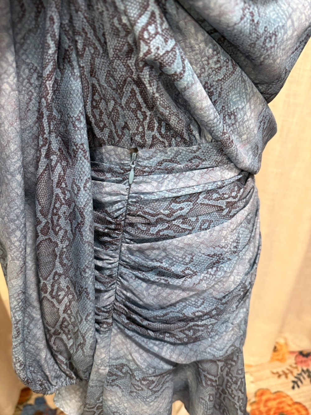 Ramy Brook Silk Snake Print Mini Dress Blue Gray Long Sleeve Ruched Waist - Picture 8 of 16